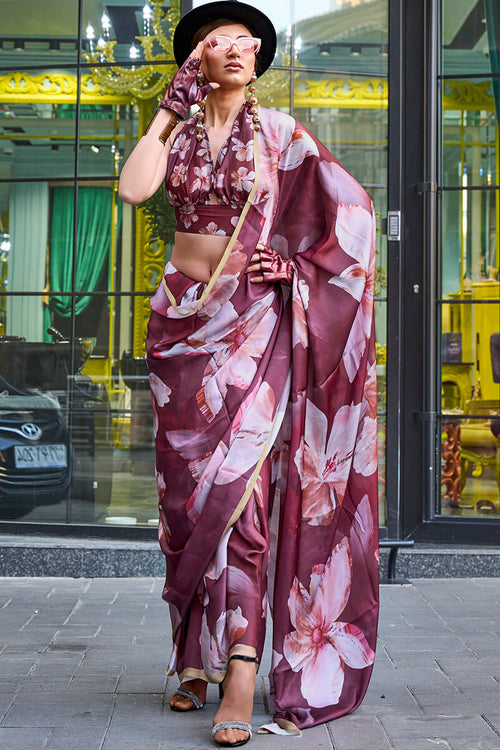 Load image into Gallery viewer, Phenomenal Wine Digital Printed Satin Silk Saree With Invaluable Blouse Piece
