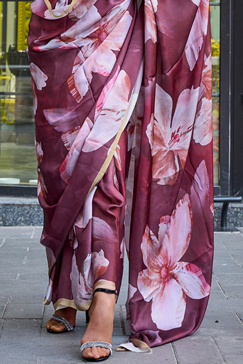 Load image into Gallery viewer, Phenomenal Wine Digital Printed Satin Silk Saree With Invaluable Blouse Piece
