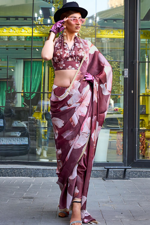 Load image into Gallery viewer, Phenomenal Wine Digital Printed Satin Silk Saree With Invaluable Blouse Piece
