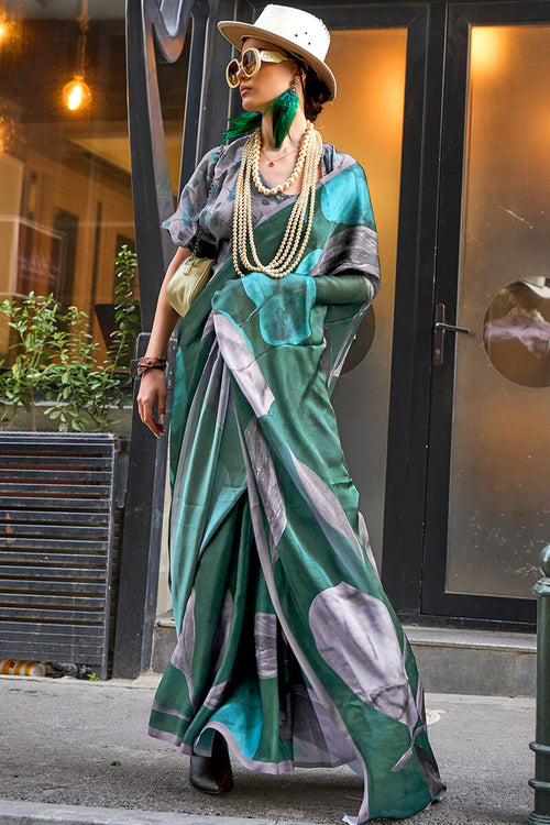 Load image into Gallery viewer, Groovy Dark Green Digital Printed Satin Silk Saree With Flamboyant Blouse Piece
