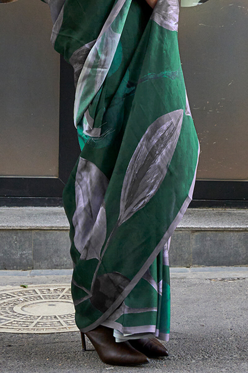 Groovy Dark Green Digital Printed Satin Silk Saree With Flamboyant Blouse Piece