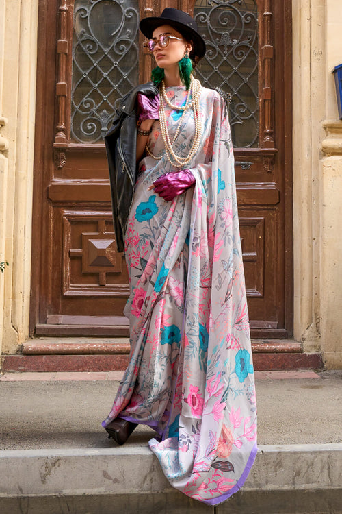 Load image into Gallery viewer, Preferable Grey Digital Printed Satin Silk Saree With Glorious Blouse Piece
