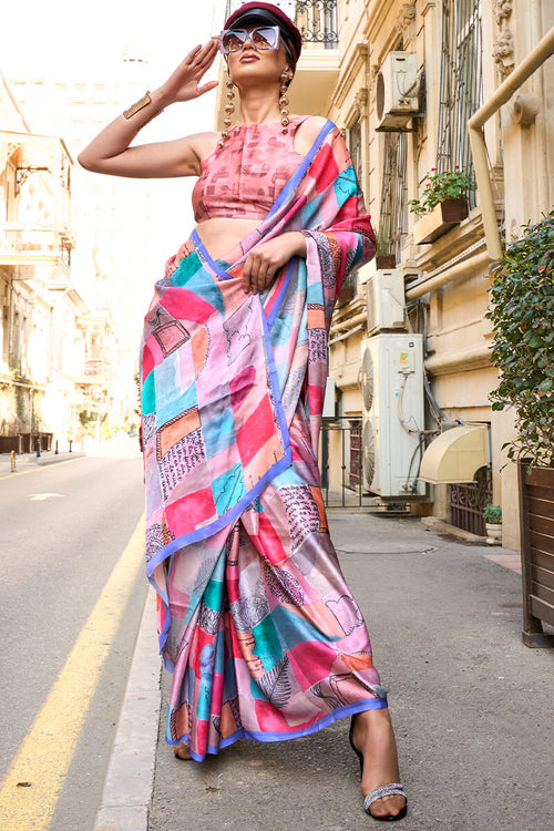 Load image into Gallery viewer, Beleaguer Pink Digital Printed Satin Silk Saree With Desuetude  Blouse Piece
