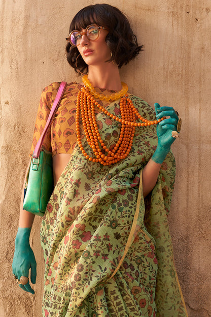 Trendy Green Digital Printed Tissue Silk Saree With Classy Blouse Piece