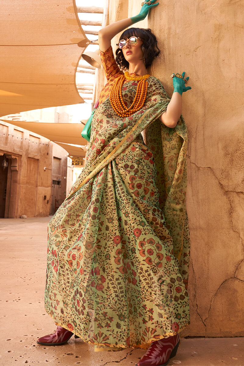 Trendy Green Digital Printed Tissue Silk Saree With Classy Blouse Piece