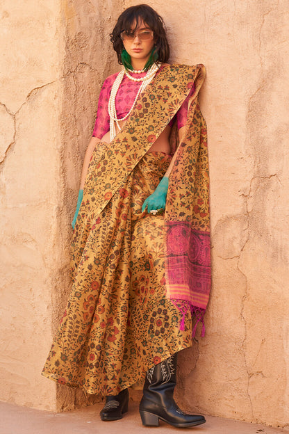 Deserving Mustard Digital Printed Tissue Silk Saree With Impressive Blouse Piece
