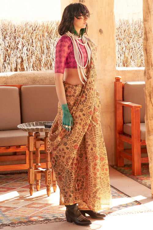 Load image into Gallery viewer, Deserving Mustard Digital Printed Tissue Silk Saree With Impressive Blouse Piece
