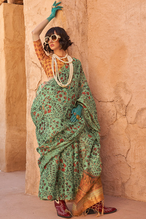 Load image into Gallery viewer, Ethnic Sea Green Digital Printed Tissue Silk Saree With Delightful Blouse Piece
