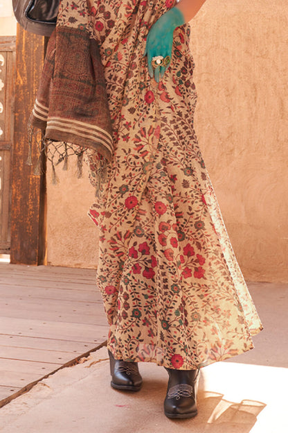 Entrancing Beige  Digital Printed Tissue Silk Saree With Ideal Blouse Piece