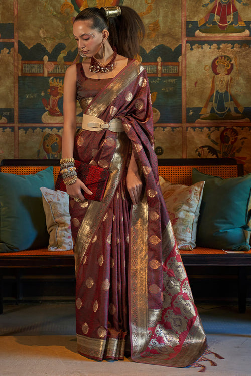 Load image into Gallery viewer, Flattering Maroon Soft Banarasi Silk Saree With Flaunt Blouse Piece
