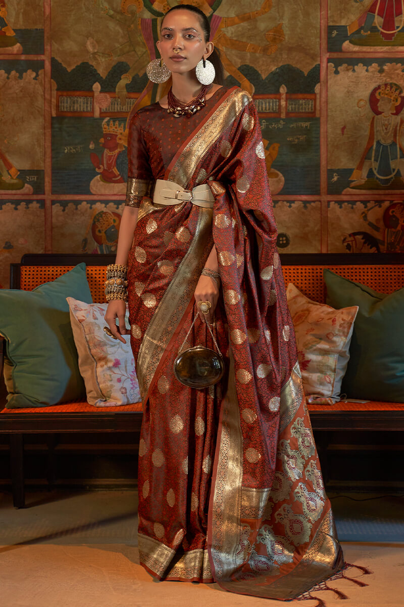 Prominent Brown Soft Banarasi Silk Saree With Flameboyant Blouse Piece