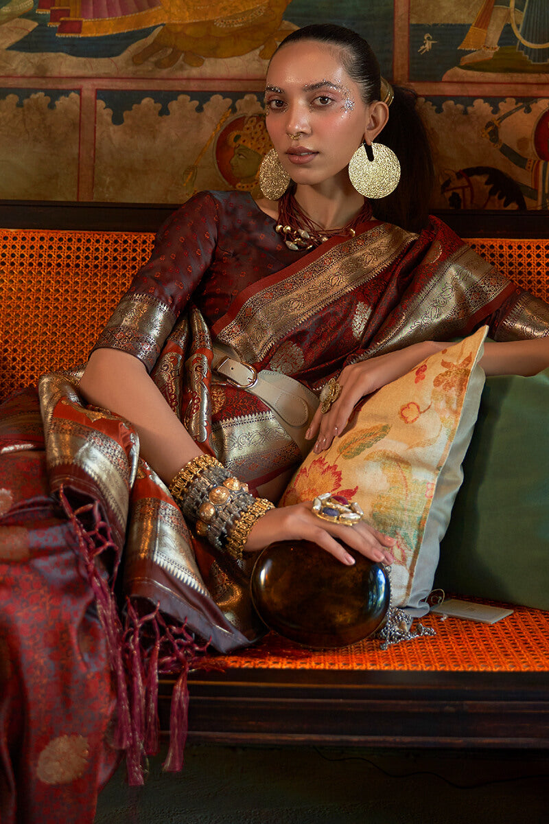 Prominent Brown Soft Banarasi Silk Saree With Flameboyant Blouse Piece