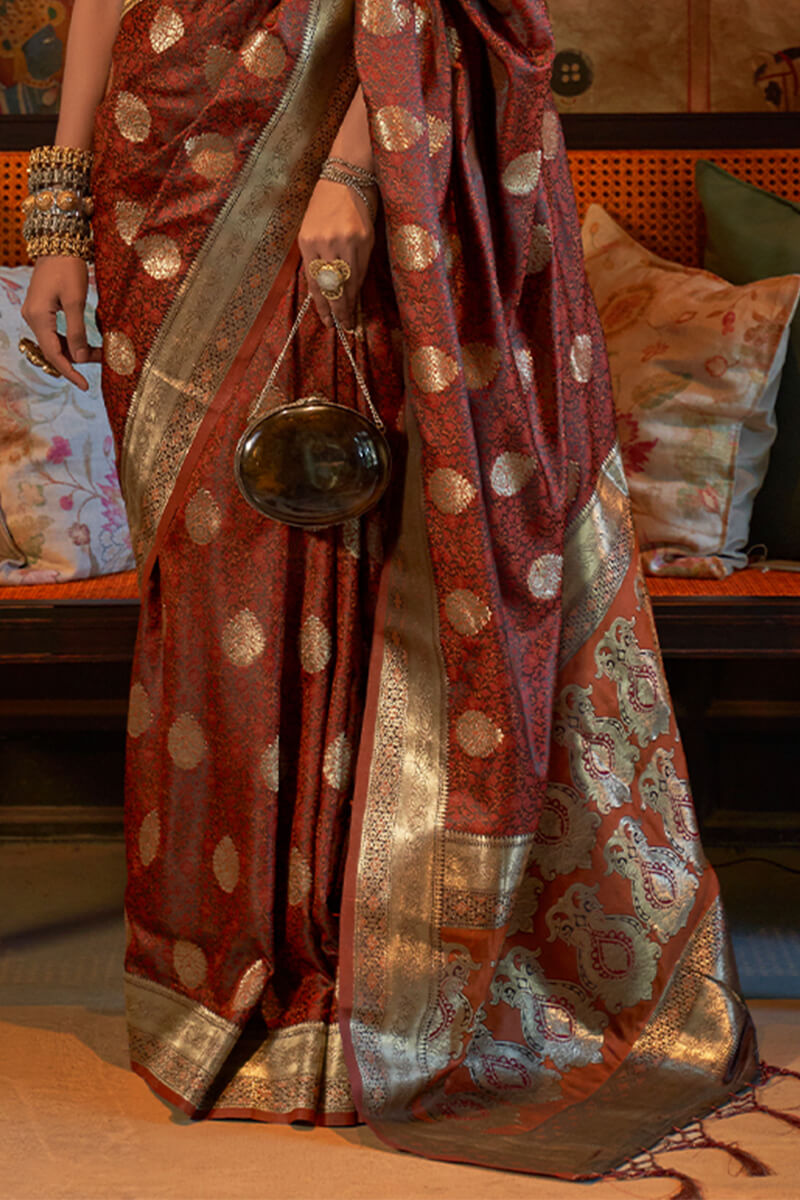 Prominent Brown Soft Banarasi Silk Saree With Flameboyant Blouse Piece