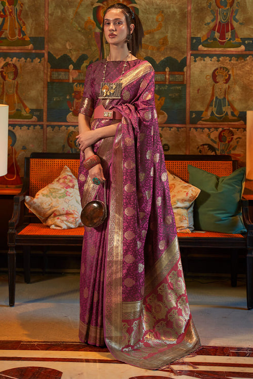 Load image into Gallery viewer, Embrocation Wine Soft Banarasi Silk Saree With Vestigial Blouse Piece
