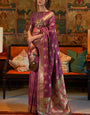 Embrocation Wine Soft Banarasi Silk Saree With Vestigial Blouse Piece