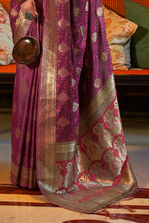 Load image into Gallery viewer, Embrocation Wine Soft Banarasi Silk Saree With Vestigial Blouse Piece
