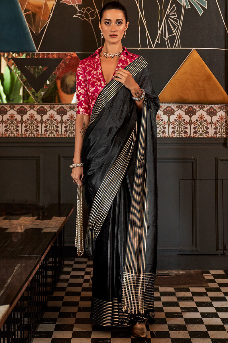 Trendy Black Soft Banarasi Silk Saree With Pretty Blouse Piece