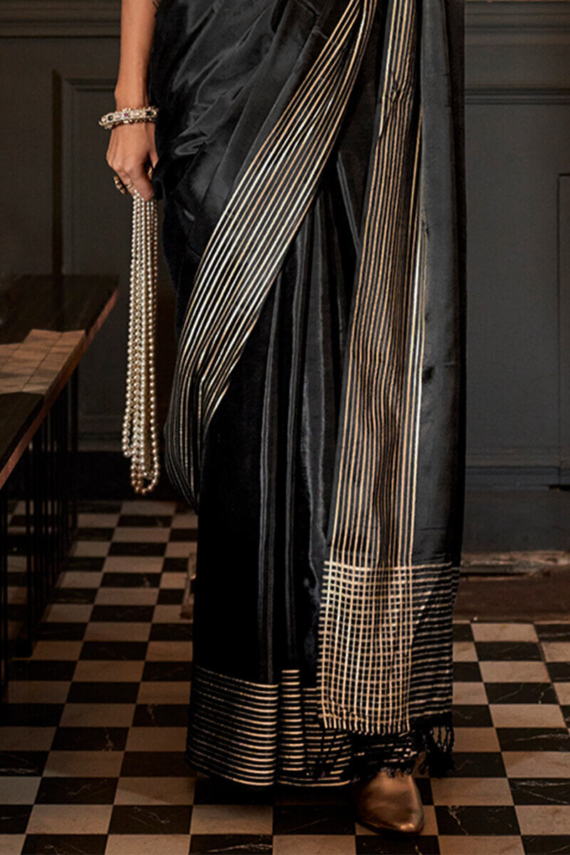 Trendy Black Soft Banarasi Silk Saree With Pretty Blouse Piece