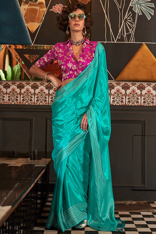 Load image into Gallery viewer, Deserving Turquoise Soft Banarasi Silk Saree With Glowing Blouse Piece
