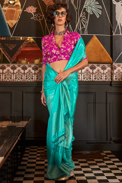 Load image into Gallery viewer, Deserving Turquoise Soft Banarasi Silk Saree With Glowing Blouse Piece
