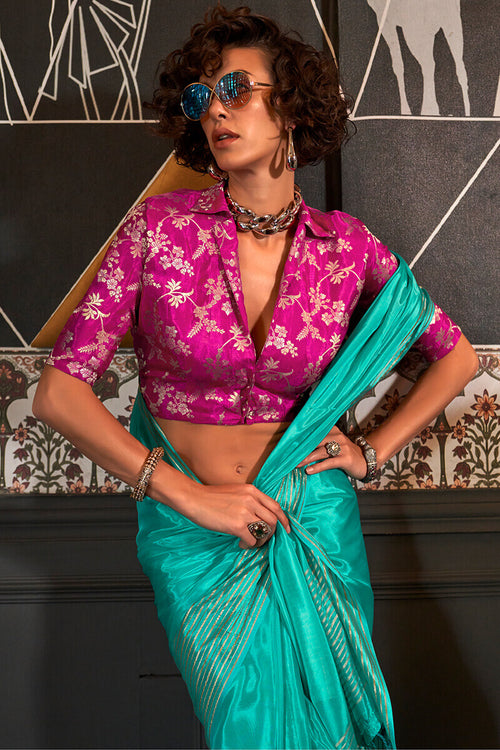 Load image into Gallery viewer, Deserving Turquoise Soft Banarasi Silk Saree With Glowing Blouse Piece
