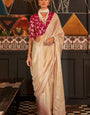 Girlish Beige Soft Banarasi Silk Saree With Intricate Blouse Piece