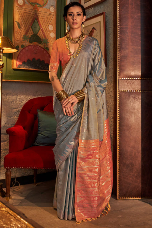 Load image into Gallery viewer, Desuetude Grey Soft Banarasi Silk Saree With Inspiring Blouse Piece
