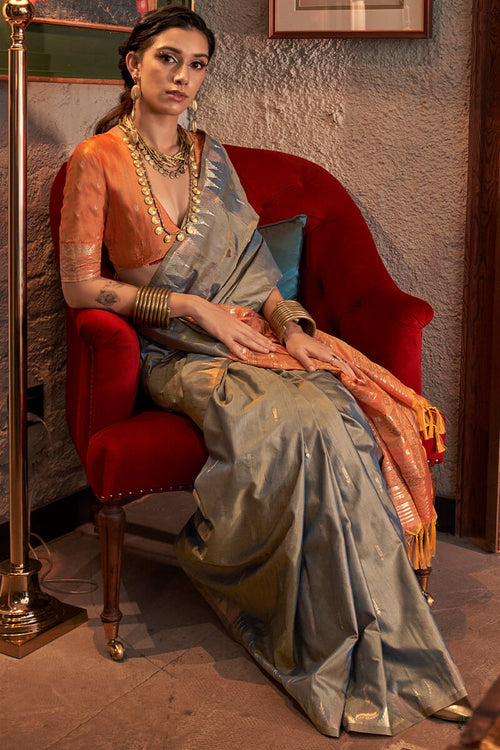 Load image into Gallery viewer, Desuetude Grey Soft Banarasi Silk Saree With Inspiring Blouse Piece
