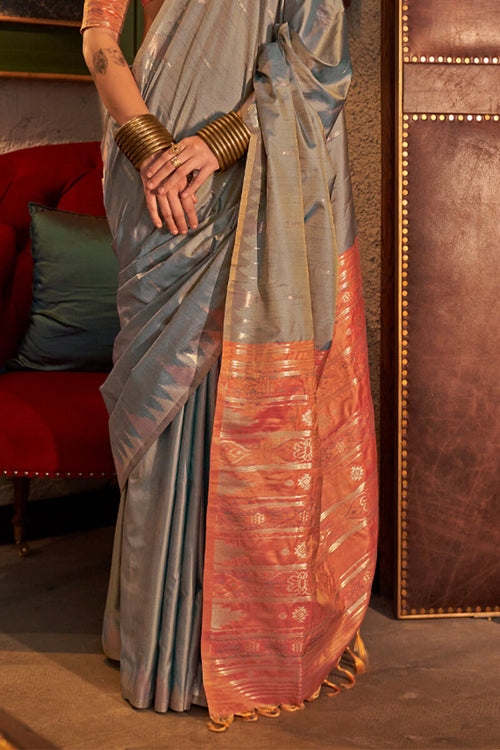 Load image into Gallery viewer, Desuetude Grey Soft Banarasi Silk Saree With Inspiring Blouse Piece
