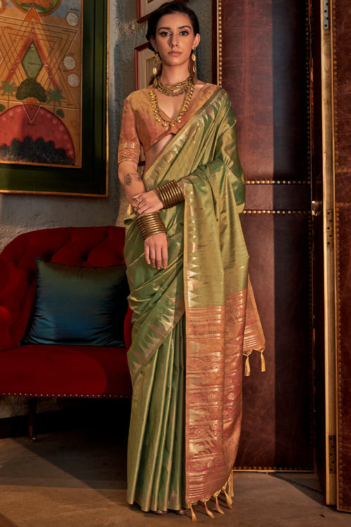 Load image into Gallery viewer, Energetic Mehndi Soft Banarasi Silk Saree With Pretty Blouse Piece
