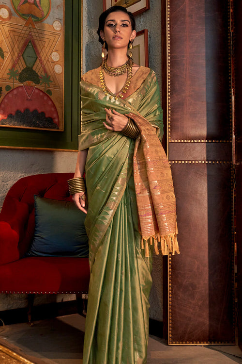 Load image into Gallery viewer, Energetic Mehndi Soft Banarasi Silk Saree With Pretty Blouse Piece
