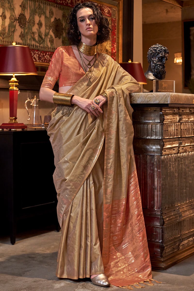 Majesty Dark Beige Soft Banarasi Silk Saree With Fairytale Blouse Piece