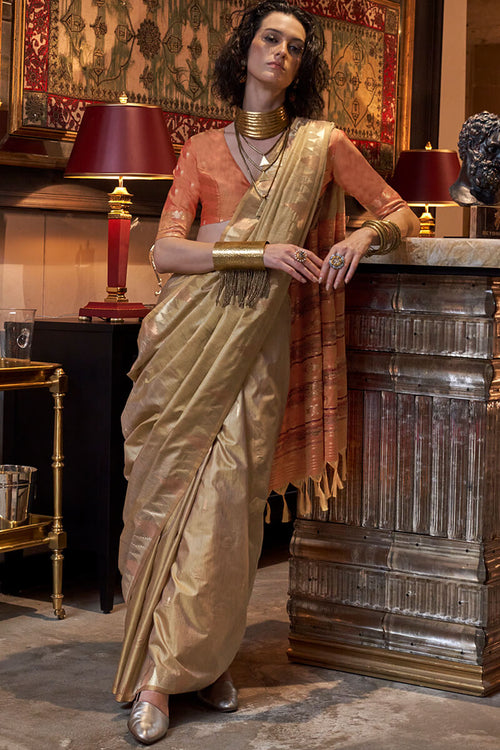 Load image into Gallery viewer, Majesty Dark Beige Soft Banarasi Silk Saree With Fairytale Blouse Piece
