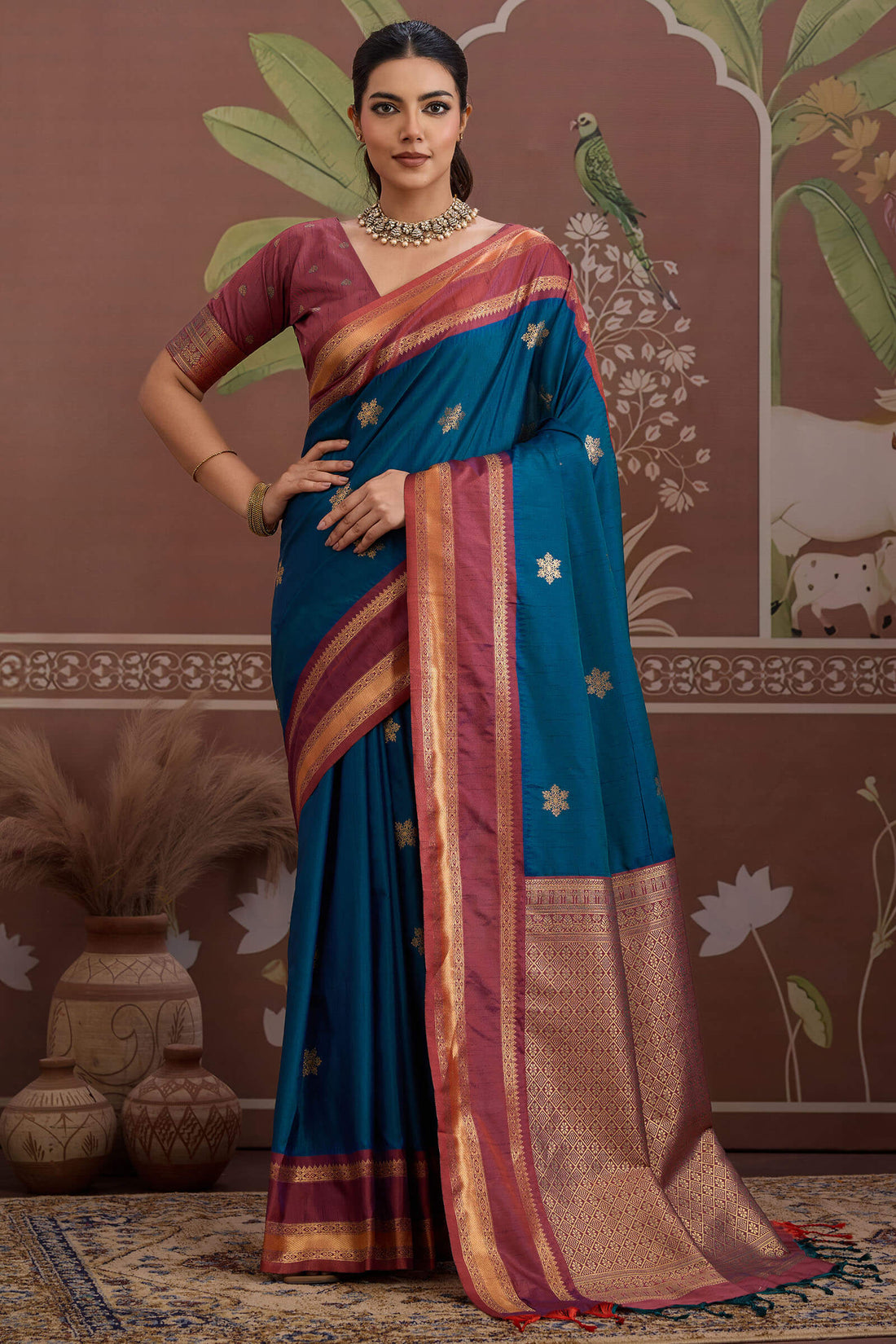 Preferable Navy Blue Banarasi Tussar Silk Saree With Evanescent Blouse Piece