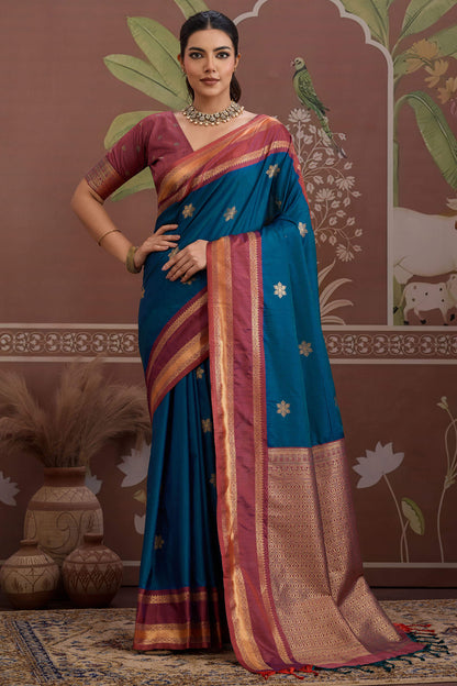 Preferable Navy Blue Banarasi Tussar Silk Saree With Evanescent Blouse Piece