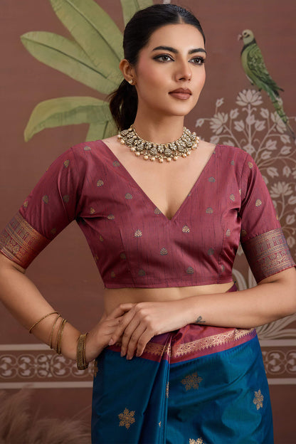 Preferable Navy Blue Banarasi Tussar Silk Saree With Evanescent Blouse Piece