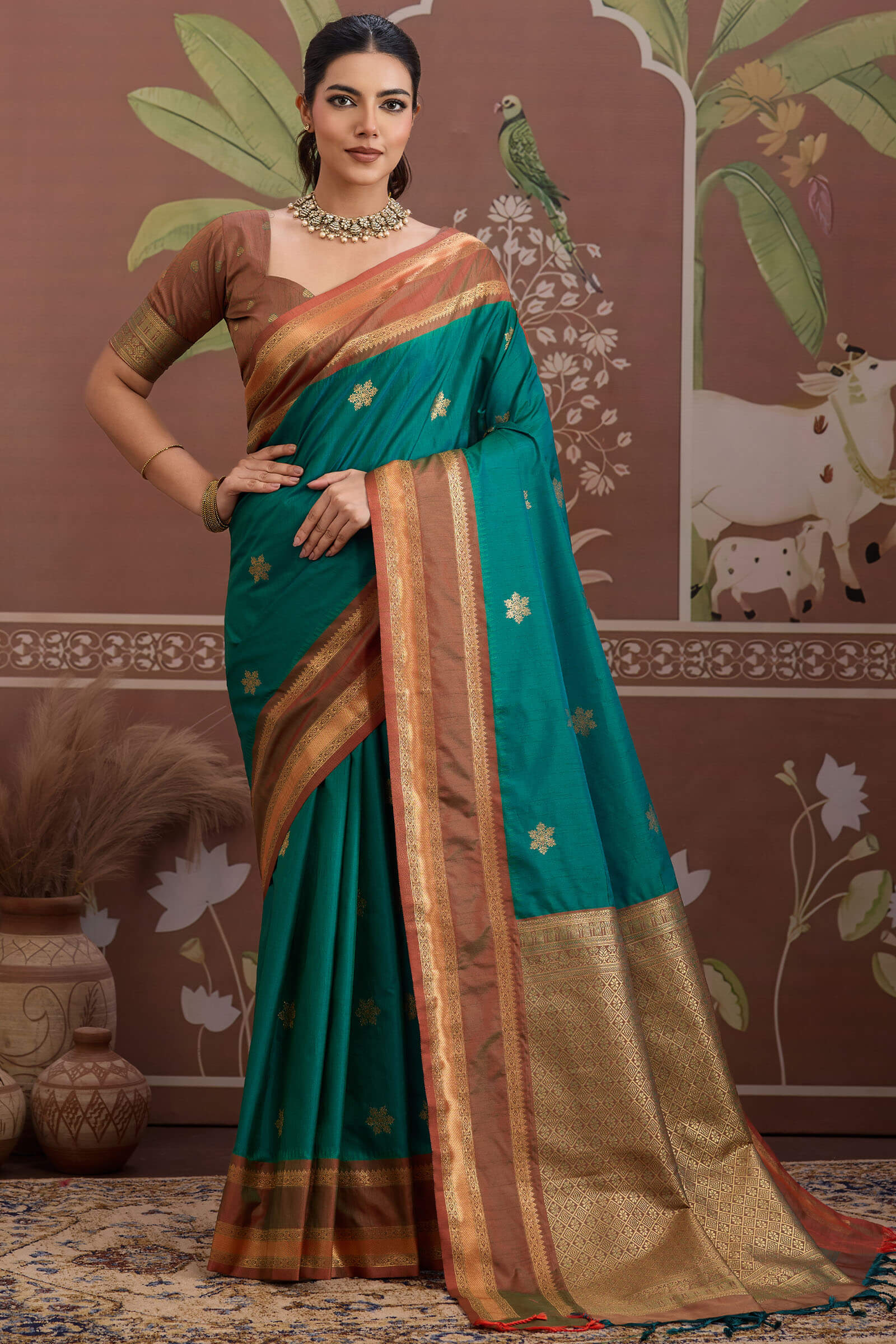 Petrichor Rama Banarasi Tussar Silk Saree With Verdant Blouse Piece