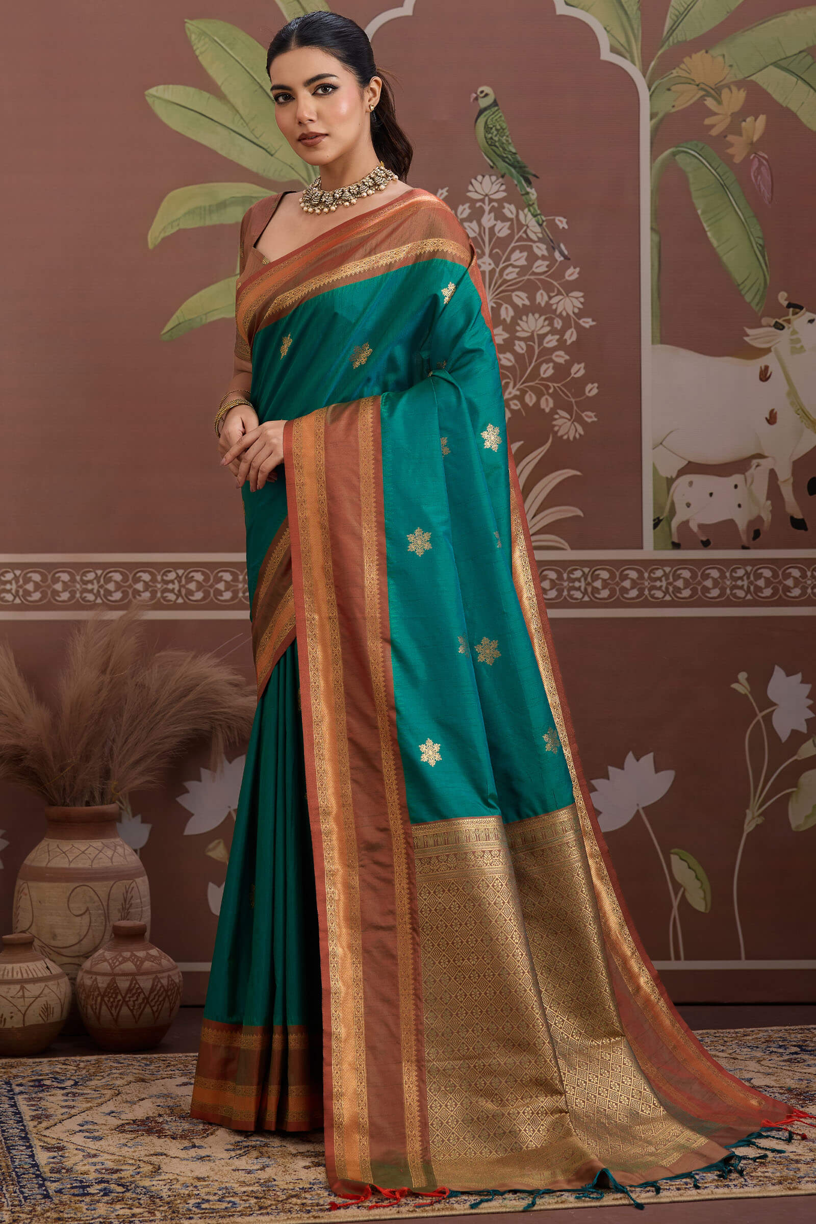 Petrichor Rama Banarasi Tussar Silk Saree With Verdant Blouse Piece