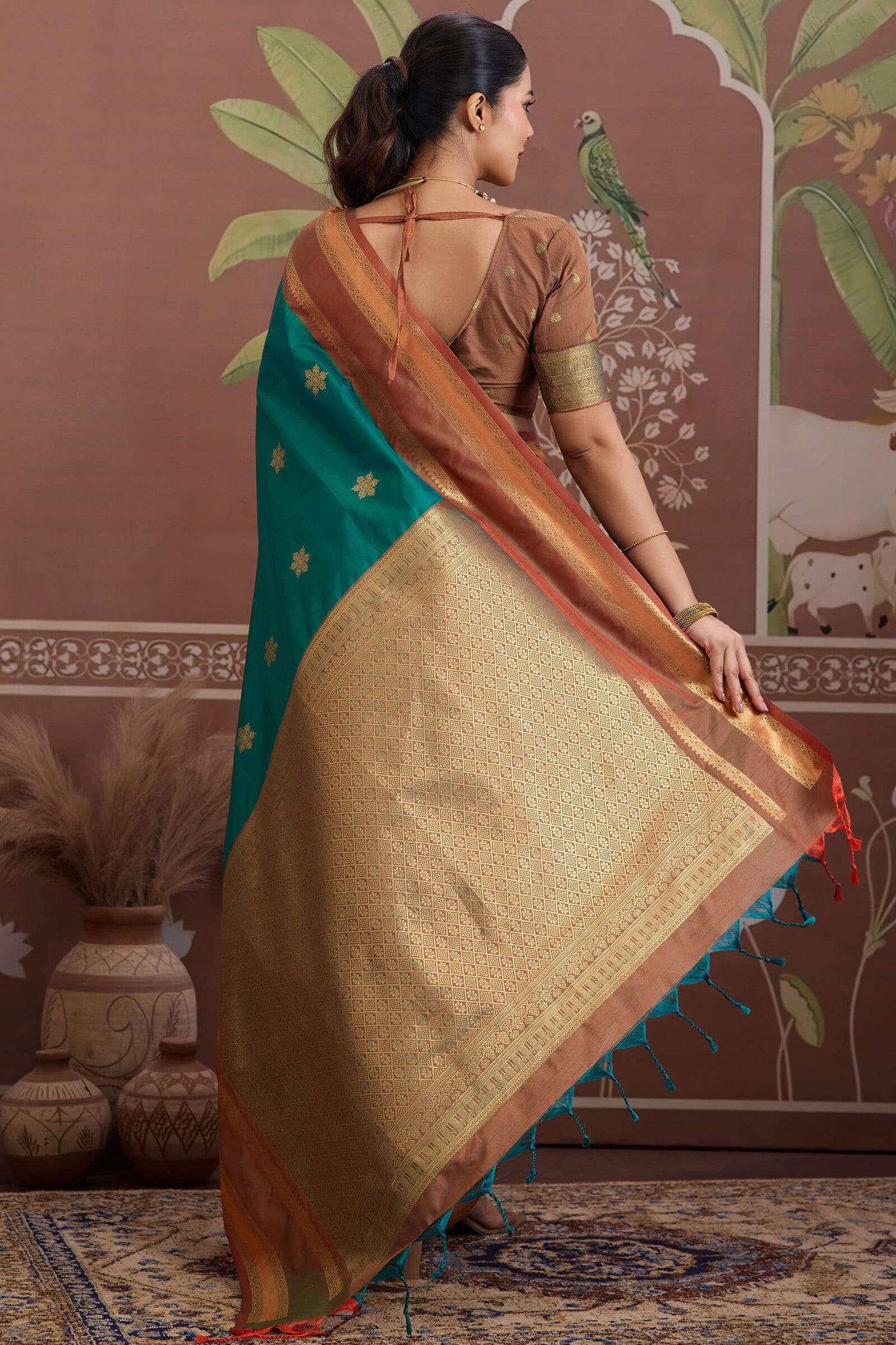 Petrichor Rama Banarasi Tussar Silk Saree With Verdant Blouse Piece