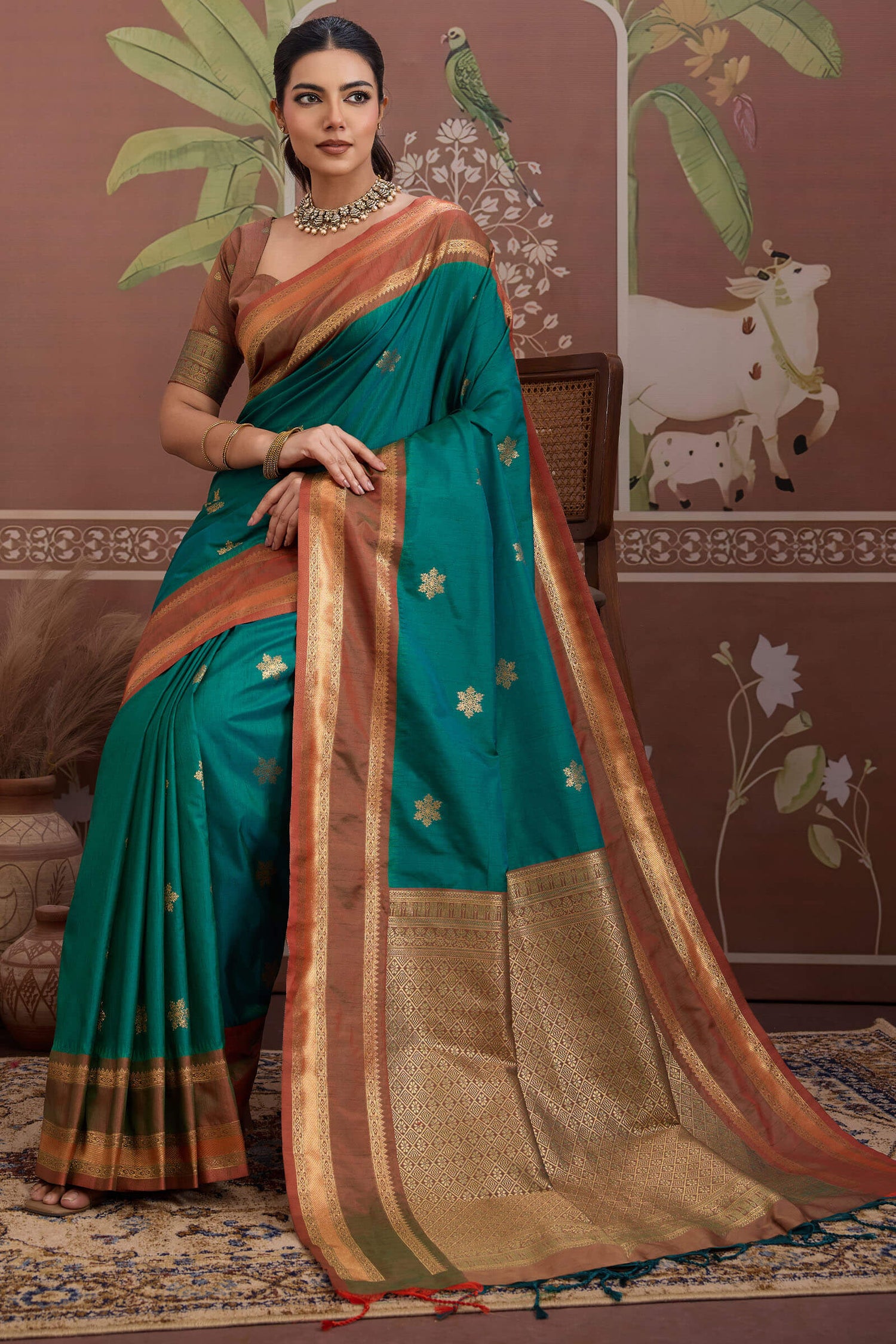 Petrichor Rama Banarasi Tussar Silk Saree With Verdant Blouse Piece