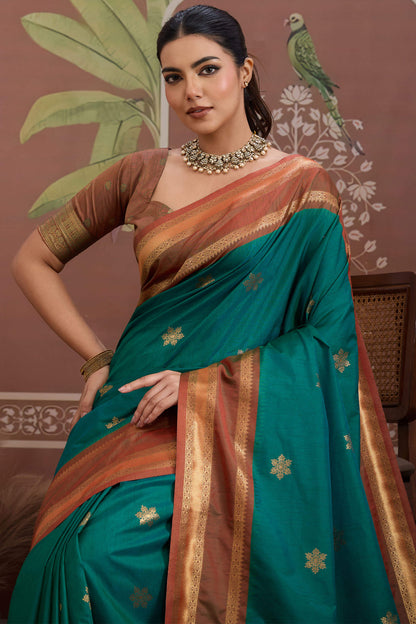 Petrichor Rama Banarasi Tussar Silk Saree With Verdant Blouse Piece