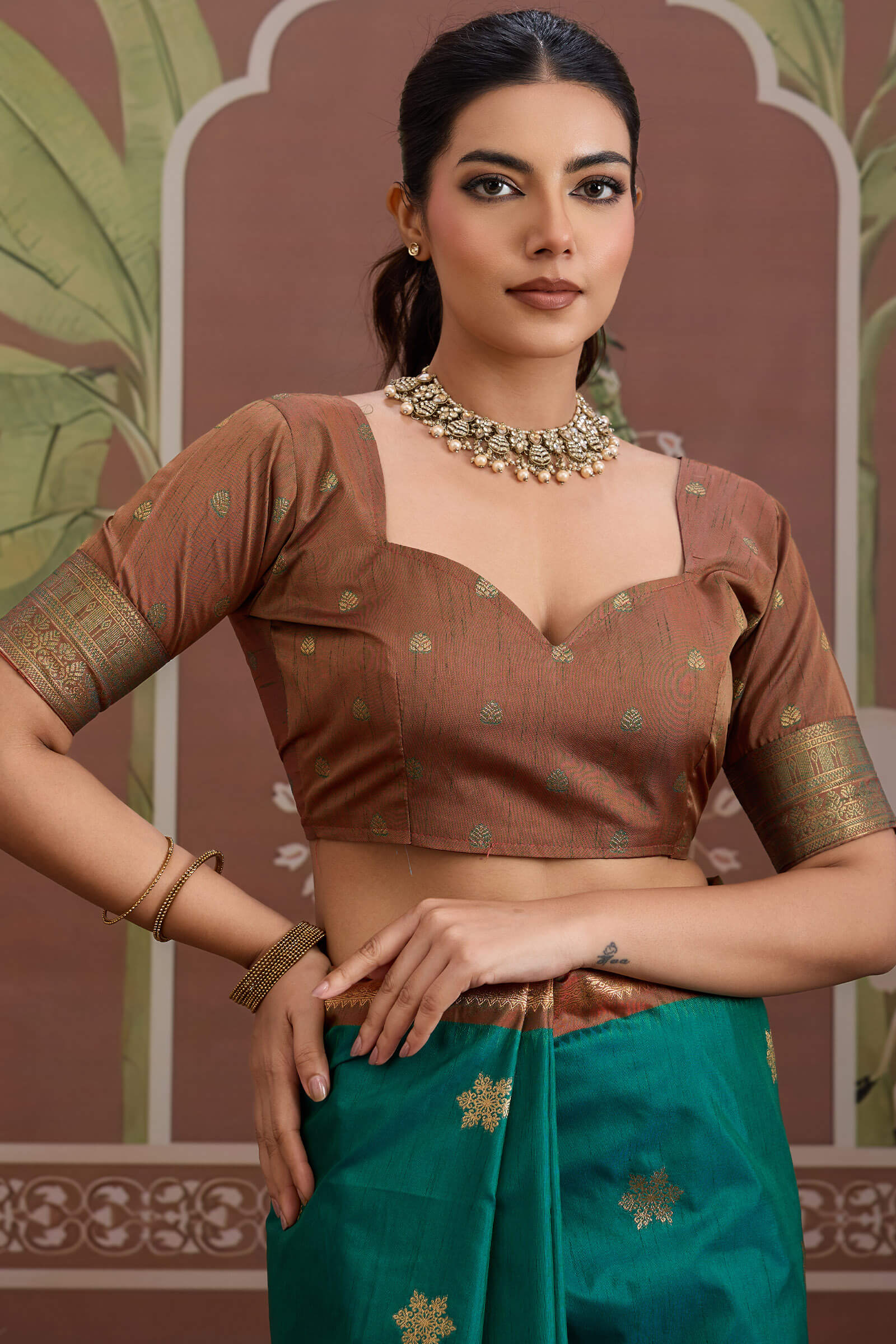 Petrichor Rama Banarasi Tussar Silk Saree With Verdant Blouse Piece