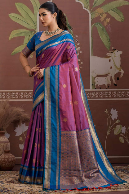 Diaphanous Lavender Banarasi Tussar Silk Saree With Vestigial Blouse Piece