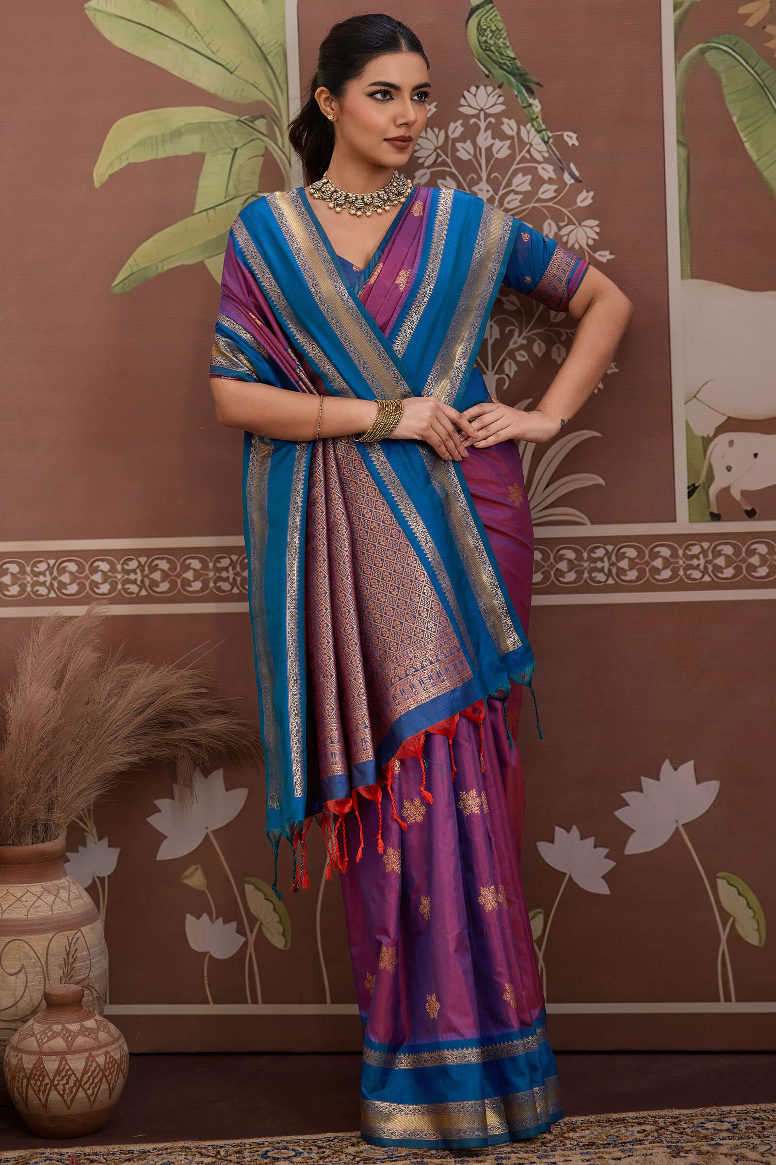 Diaphanous Lavender Banarasi Tussar Silk Saree With Vestigial Blouse Piece