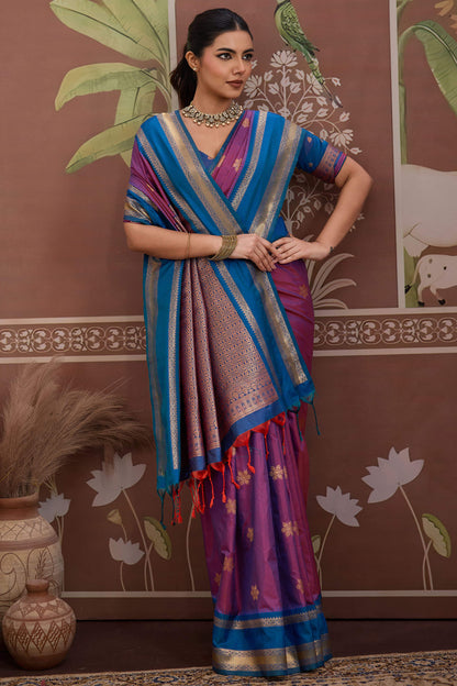 Diaphanous Lavender Banarasi Tussar Silk Saree With Vestigial Blouse Piece