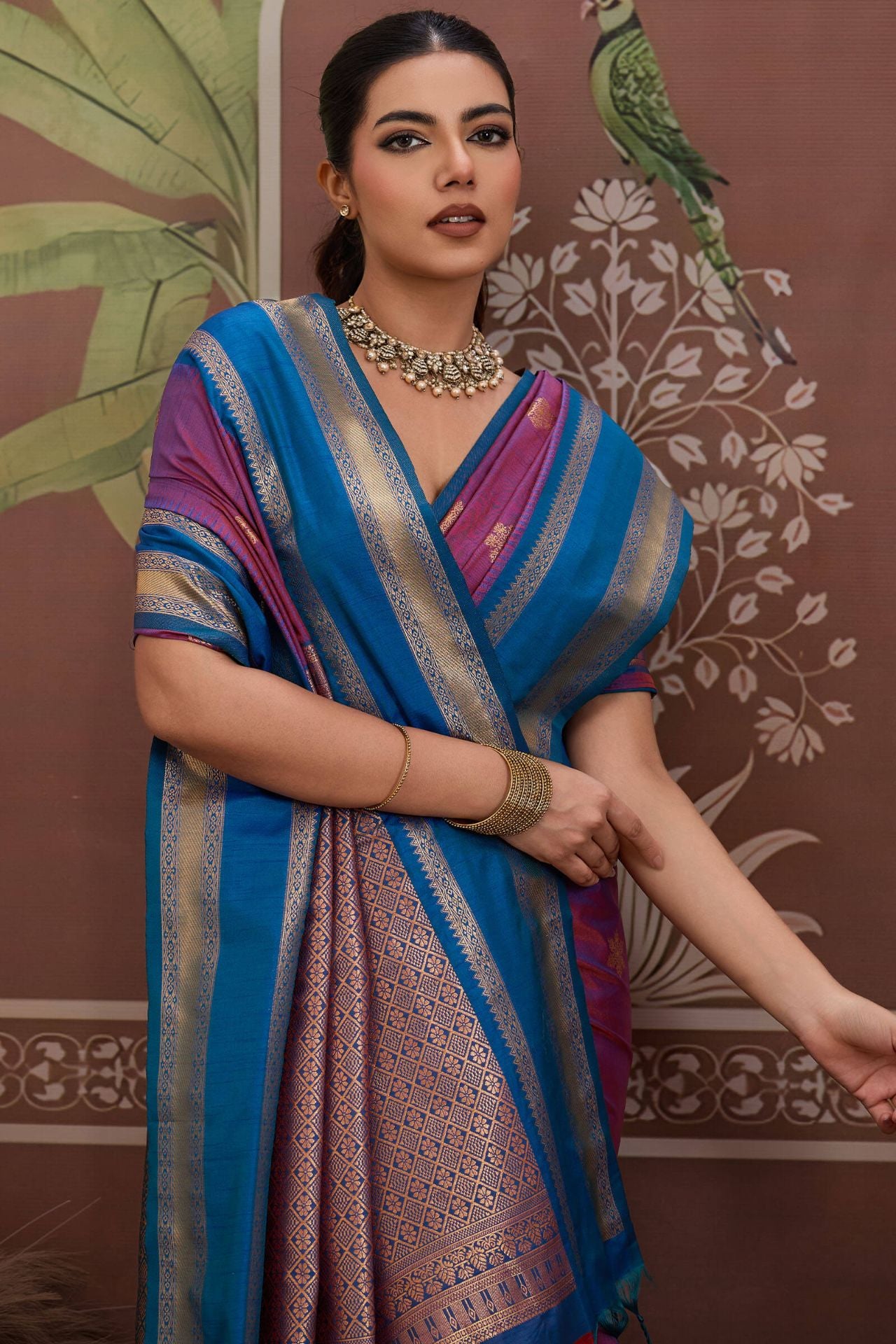 Diaphanous Lavender Banarasi Tussar Silk Saree With Vestigial Blouse Piece