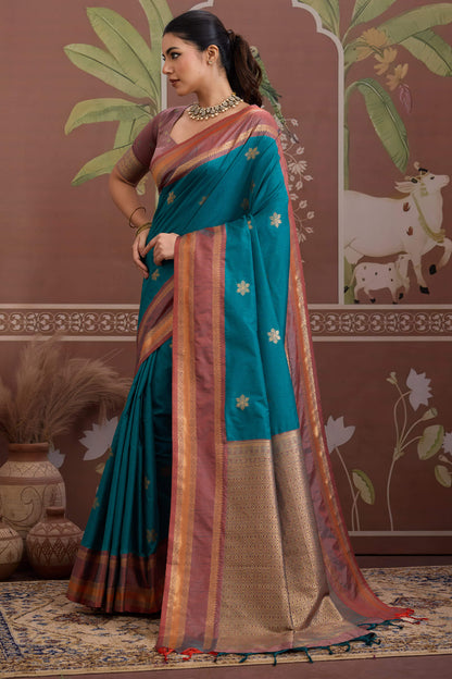 Incredible Blue Banarasi Tussar Silk Saree With Grandiose Blouse Piece