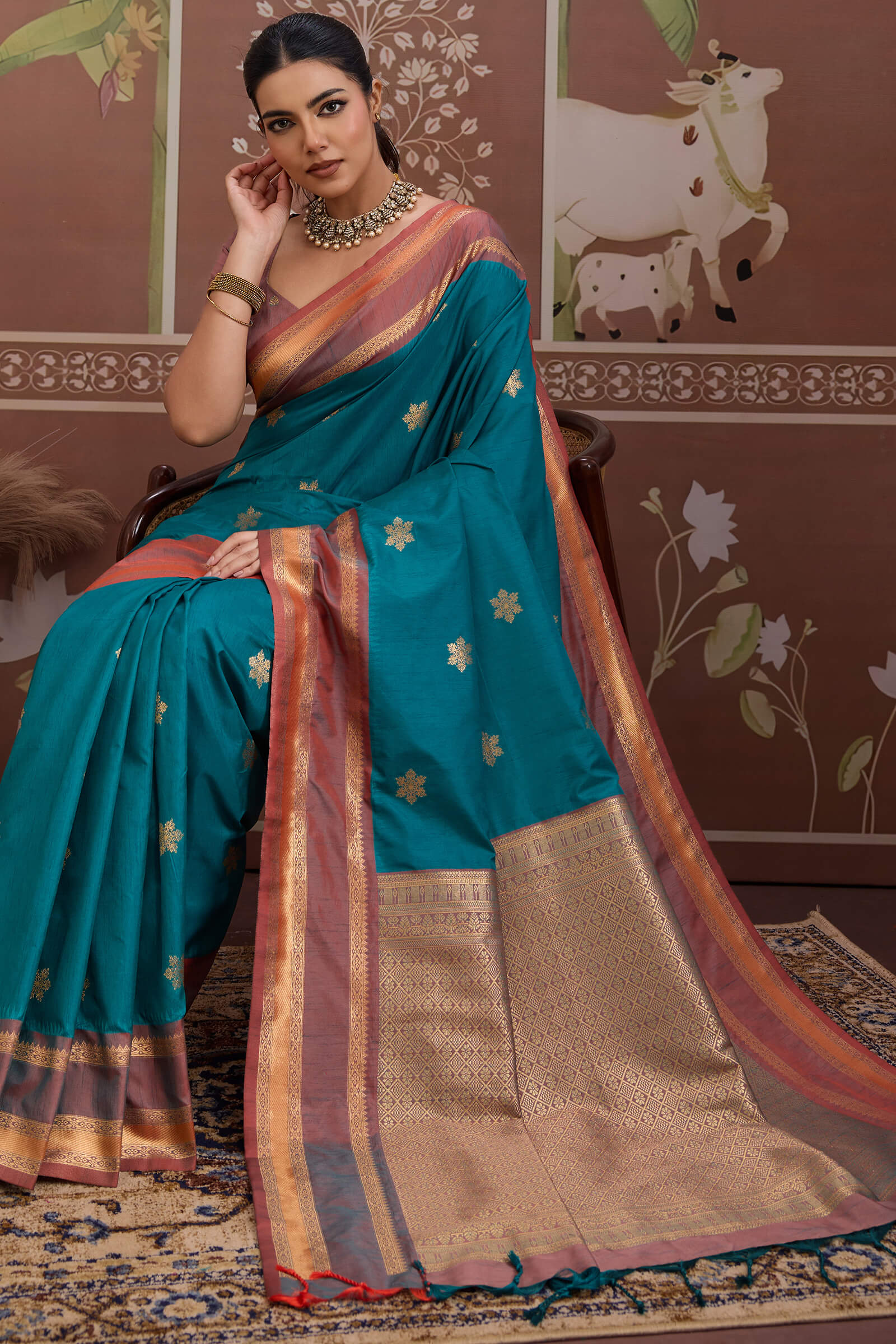 Incredible Blue Banarasi Tussar Silk Saree With Grandiose Blouse Piece