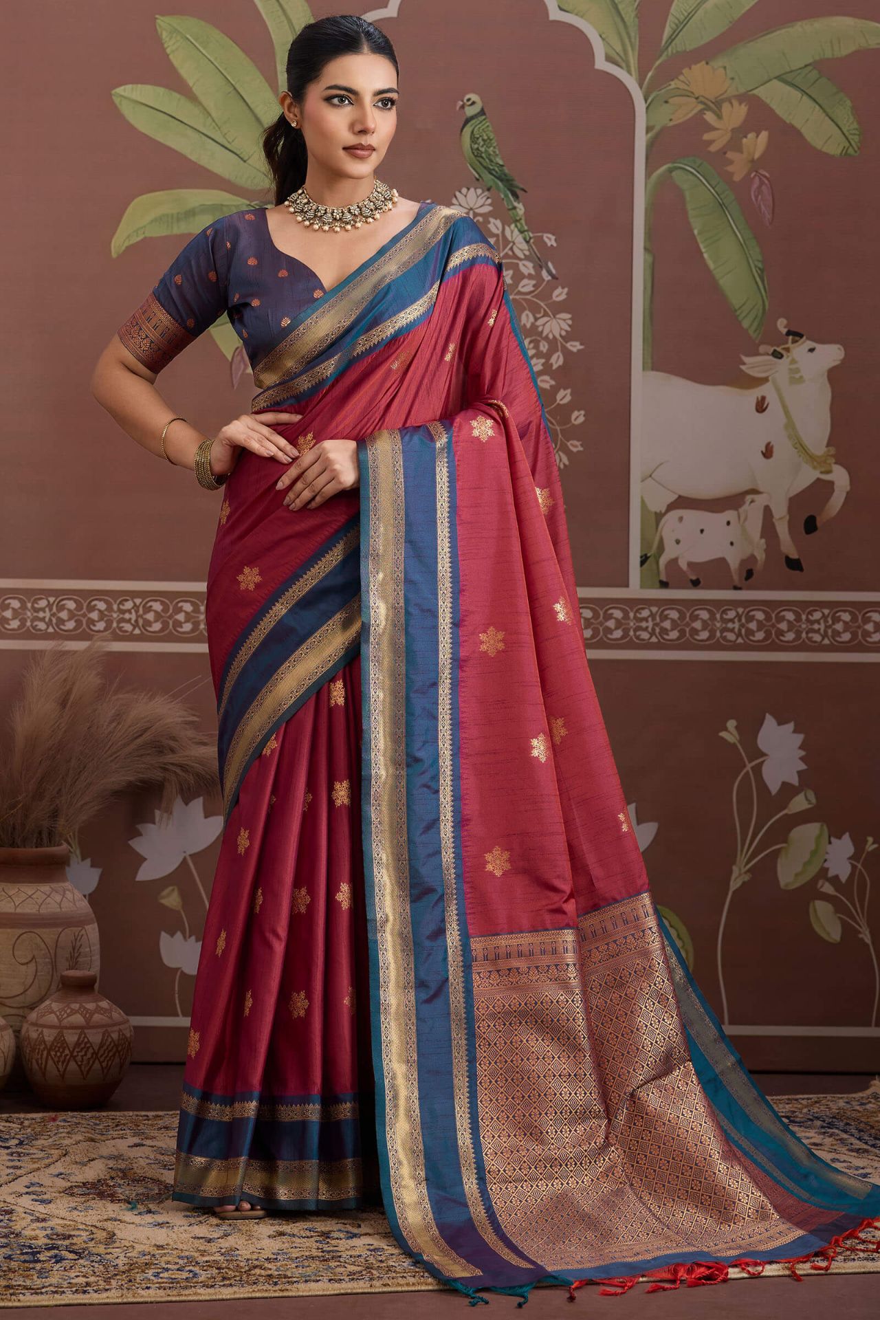 Deserving Maroon Banarasi Tussar Silk Saree With Beleaguer Blouse Piece