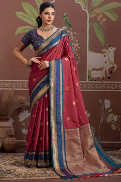 Deserving Maroon Banarasi Tussar Silk Saree With Beleaguer Blouse Piece